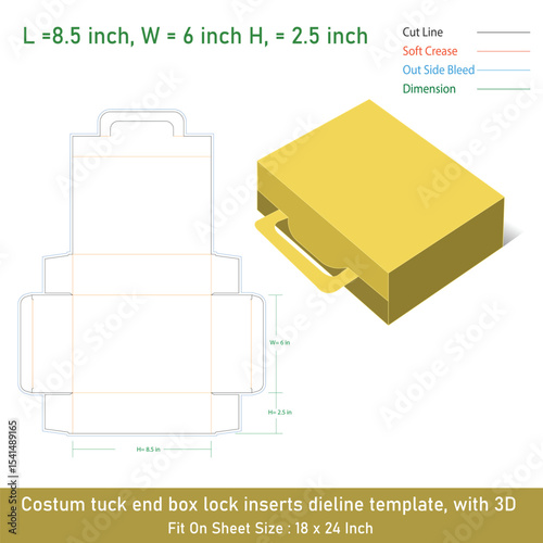 Costum tuck end box lock inserts dieline template, with 3D