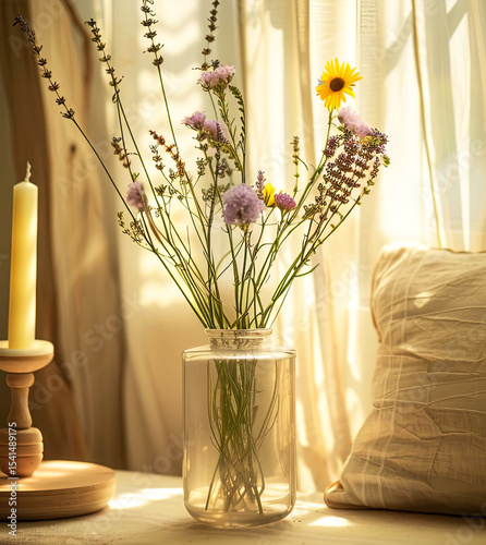 Glass vase filled with colorful wildflowers sits on a table beside a lit candle and soft pillow, creating a warm and inviting atmosphere in a cozy interior setting