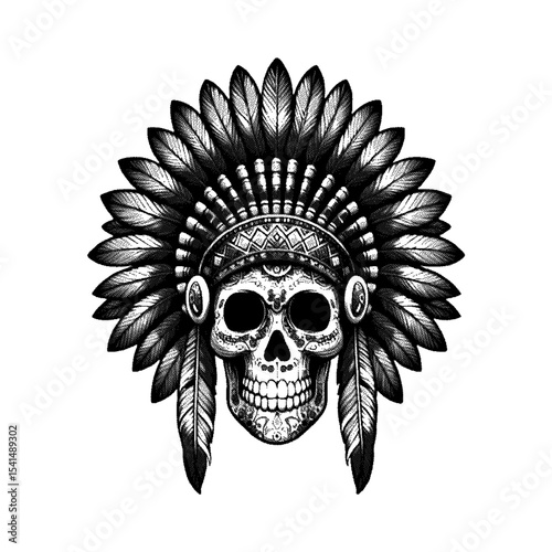 Ornate skull in headdress, high detailed sketch art