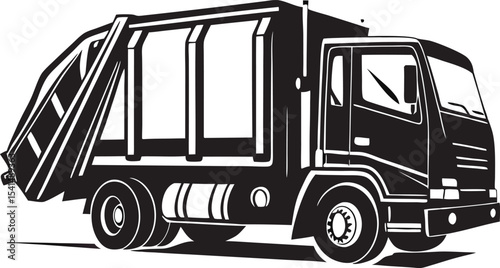 Sturdy Garbage Truck Silhouette: Functional Outline of a Waste Management Vehicle, Representing Essential Urban Service on White Backdrop