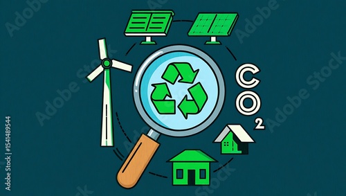 Green Energy Solutions Eco Friendly Sustainable Living Recycling Windmill Solar Panels Houses C O2 Reduction Magnifying Glass Illustration