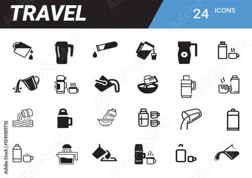 Travel Icons: A collection of sleek travel icons, meticulously designed for effortless communication of journeys and destinations, conveying wanderlust in a minimalist aesthetic.