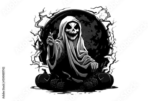 Grim reaper amidst pumpkins, high detailed sketch art