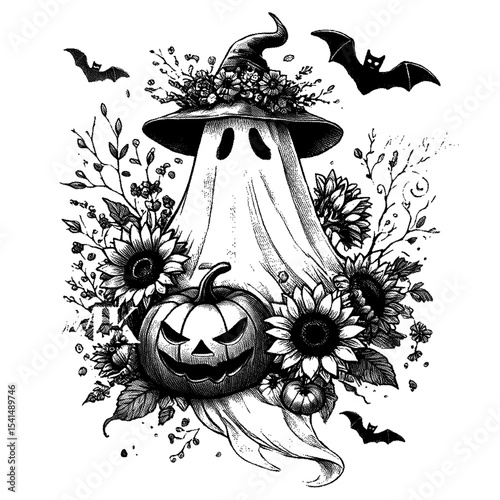 Ghost in witch hat amidst sunflowers and pumpkins high detailed sketch art