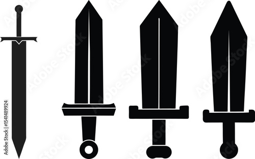 Four Black Silhouette Sword Designs on White Background Fantasy Medieval and Pirate Weapons
