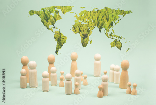 Climate change, global warming and environment concept, green deal, forest with trees, population with world map, team to protect nature