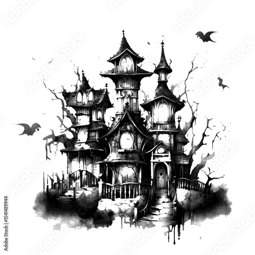 A gothic mansion stands amidst skeletal trees, high detailed sketch art