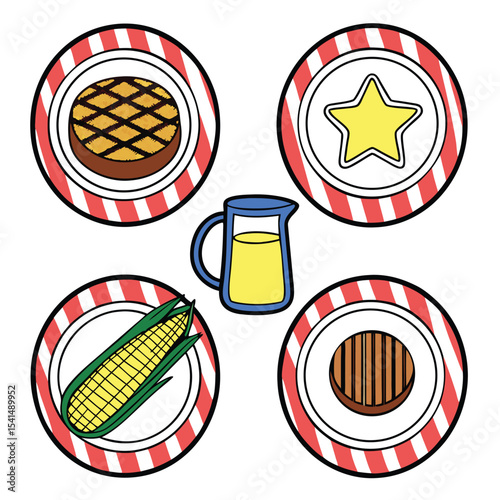 Cartoon Illustration of Summer Barbecue Food and Drink Icons Featuring Steak Corn Hamburger Star and Lemonade on Plates with Red and White Stripes