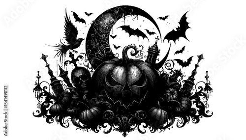 Menacing jackolantern under a crescent moon, high detailed sketch art