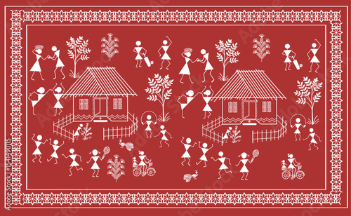 Vector Illustration of Indian Tribal Painting or Warli Art design , interior decor wallpaper.