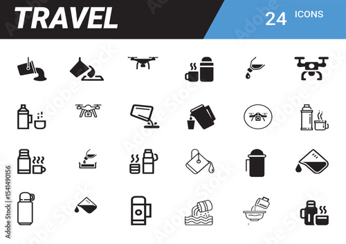 Essential Travel Icons: A collection of illustrated icons, presenting common travel necessities and tools, perfect for travel-related content.