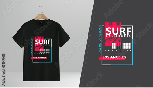 Black t shirt design surf california paradise los angeles
