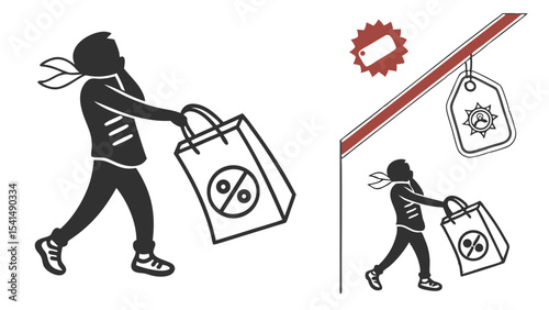 Silhouette of person carrying a shopping bag with a percentage sign and sale tags in a store scene