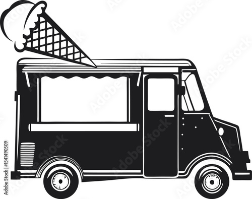 Whimsical Ice Cream Truck Silhouette: Playful Outline of a Classic Summer Vehicle, Evoking Childhood Joy and Nostalgic Moments on White Canvas