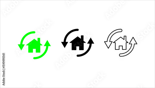 Set of House Refinancing Icons with Circular Arrows and Percentage Symbols Black and White Color Vector Design	
