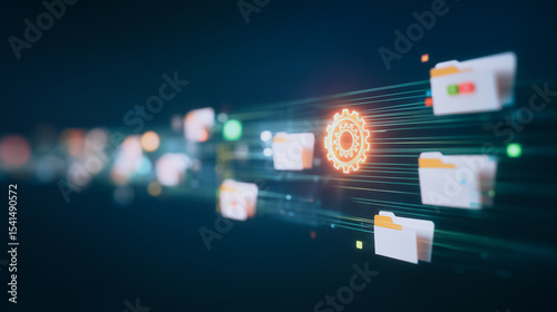 Data Stream in Digital World: A captivating representation of information flowing seamlessly through a digital network, symbolized by illuminated files and a central data processing icon.