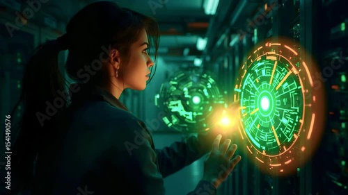 Woman interacting with glowing digital interfaces in a high-tech server room, showcasing technology