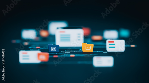 Wallpaper Mural Digital Network: A futuristic data network of interconnected file folders and digital interfaces, representing modern data storage and transfer with a sleek, abstract aesthetic.  Torontodigital.ca