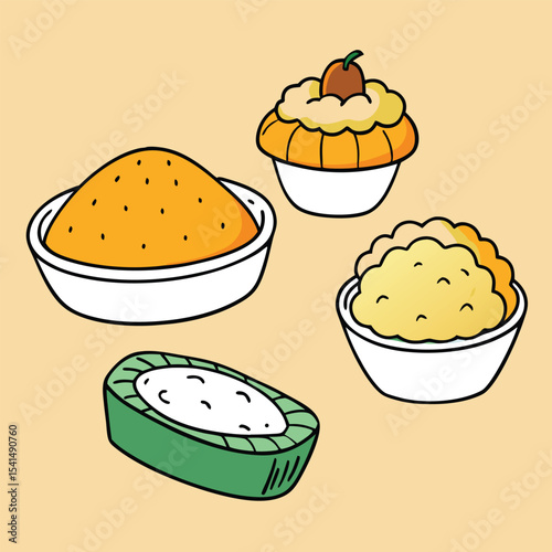 Stylized Cartoon Illustration of Various Food Dishes in Bowls Featuring a Pumpkin Dessert Orange Grains Mashed Potatoes and a Green Dish with White Topping