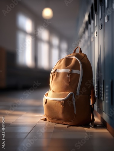 School backpack abandoned hallway soft cinematic light realistic lonely educational scene nostalgic back to school concept emotional academic environment, Selective Focus