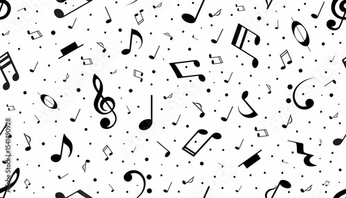 seamless pattern with black musical notes and symbols. Musical background for fabric prints, wrapping paper, website, stationery.