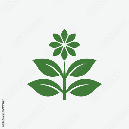 Stylized green plant logo with symmetrical leaves and floral motif on white background. Perfect for eco-friendly, nature, organic, and wellness branding.