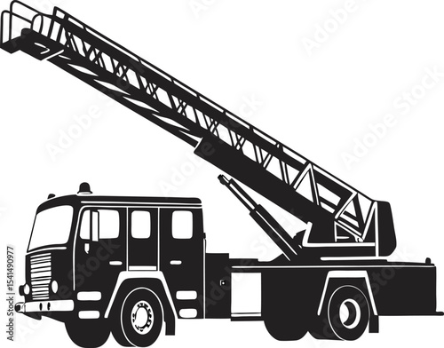 Robust Fire Ladder Truck Silhouette: Imposing Outline of a Specialized Emergency Vehicle with Long Ladder, Emphasizing Rescue Capabilities on White