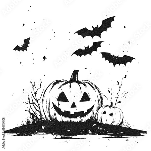 Grinning jackolanterns under a spooky night sky, high detailed sketch art