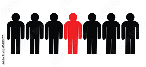 Red Figure Standing Out Among Black Silhouettes in a Row, finding right candidate business concept
