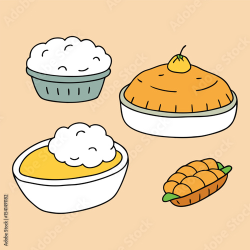 Cute Cartoon Thanksgiving Dinner Illustration with Mashed Potatoes Gravy Cranberry Sauce and Corn on the Cob on a Soft Beige Background