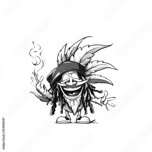 Jolly rastafarian puffs smoke, high detailed sketch art