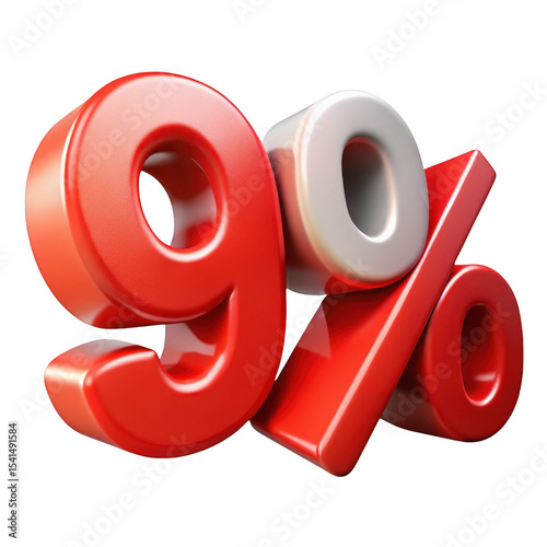 Nine percent symbol in red and white isolated on transparent background