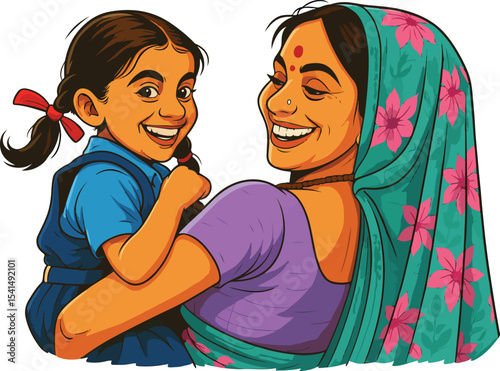 Rural happy mother and kid girl vector illustration
