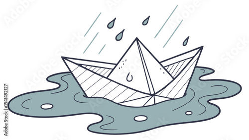 A paper boat floats on a puddle while it rains with water droplets falling down from the cloudy sky