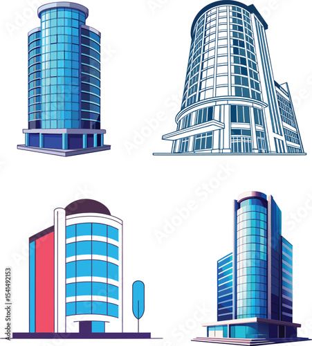 Blue-Tinted High-Rise Office Building Vectors in Flat Design. 