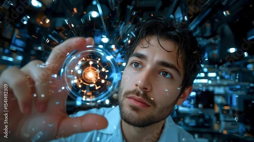 Young scientist examining a glowing orb in a high-tech lab filled with screens and equipment