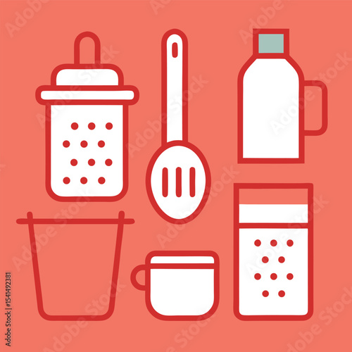 Minimalist Kitchen Utensils Illustration with Colander Spoon Bottle Cup and Glass in White and Red on a Salmon Background for Culinary Designs