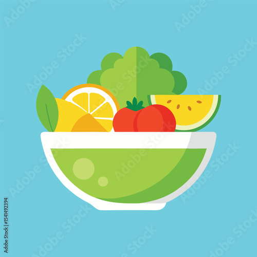 Healthy Salad Bowl with Fresh Fruits and Vegetables Including Tomato Orange Slice Lettuce and Yellow Watermelon on a Light Blue Background