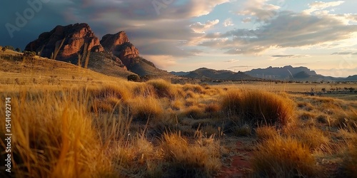 Flinders ranges landscape with orange dry grass at sunset, south australia
