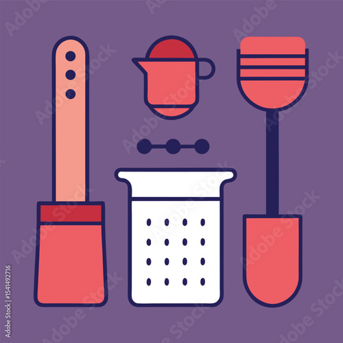 Stylized Kitchen Utensils Illustration with Spatula Measuring Cup and Strainer on a Purple Background for Culinary and Cooking Themed Designs and Projects