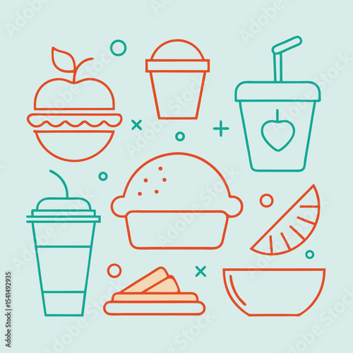 Minimalist Food Icons in Orange and Teal on a Light Blue Background Including Burger Drink Pie Watermelon and Bowl for Design Projects