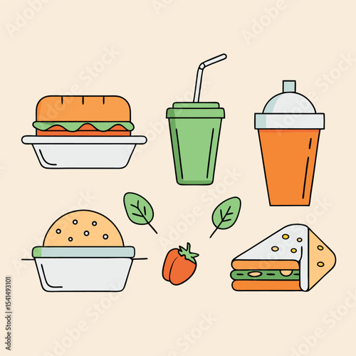 Colorful Flat Design Fast Food Illustration with Sandwich Salad Drink and Strawberry on a Light Background for Menu or Food Related Designs