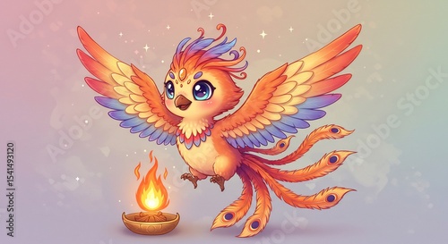 Cute mythical bird joyfully spreads wings near glowing flame soft pastel light. AI Generated