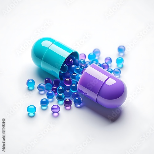 Teal and Purple Capsule Split Open Revealing Small Blue and Purple Spheres Scattered on White Background Closeup Studio Shot of Pharmaceutical Medicine Concept