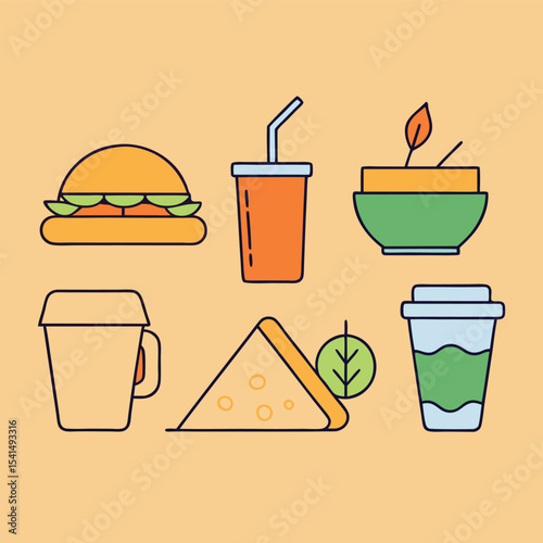 Assorted Fast Food and Drink Items in a Flat Line Art Style on a Light Orange Background for Illustration and Design Projects