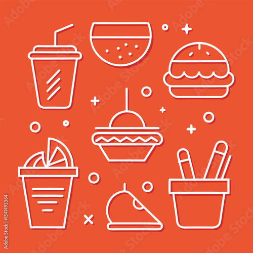 Minimalist Fast Food Icon Set with Drink Burger Dessert and Utensil Illustrations on a Vibrant Orange Background for Menu Design and Creative Projects