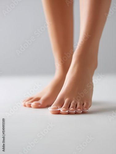 Bare Feet with Silicone Toe Spacers Minimalist Close-Up Concept Natural Foot Health Barefoot Lifestyle Therapy Idea Simple Bright Background, Selective Focus