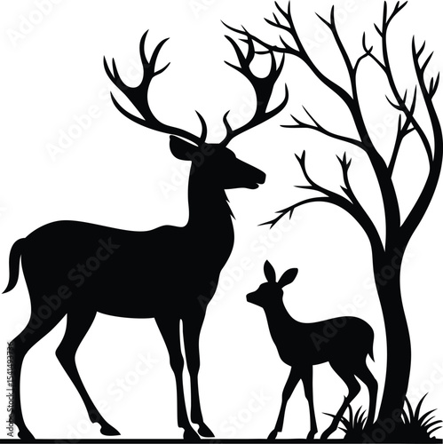 Deer and fawn stand near a bare tree isolated on white background