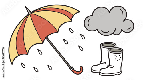 Illustration of a yellow and red umbrella with rain, a cloud, and white boots on a white background