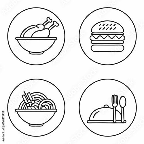 Food Icon Set Featuring Chicken Burger Noodles and Covered Dish with Utensils in a Clean Line Art Style on White Background